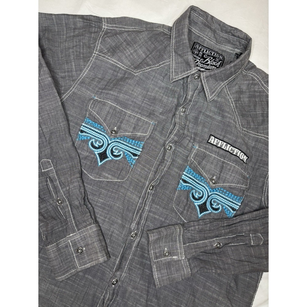 Affliction Shirt Mens XL Slim Gray Buckle Black Premium Embroidered Button Up